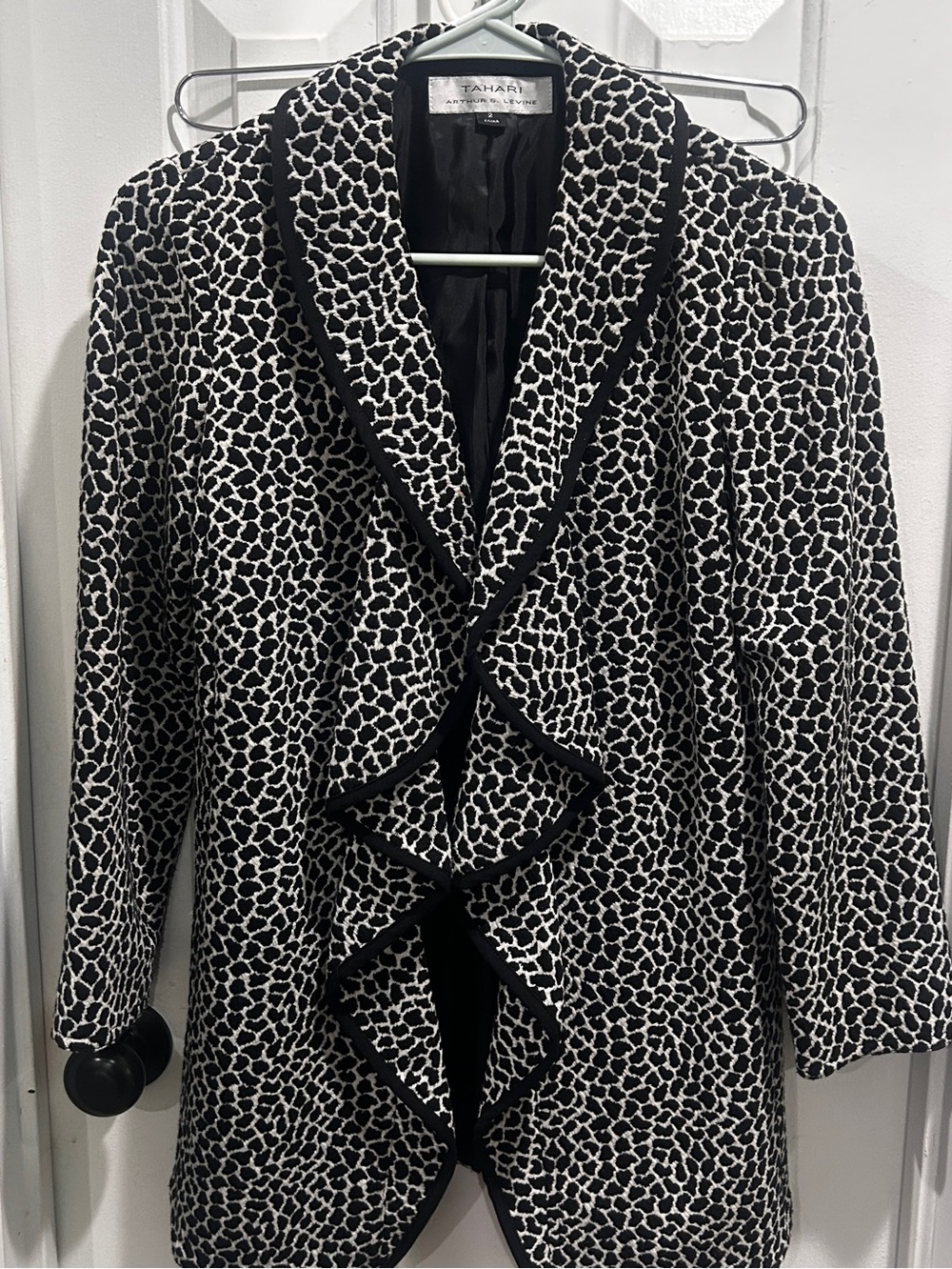 Tahari Black and White Textured Ruffle-Front Blazer